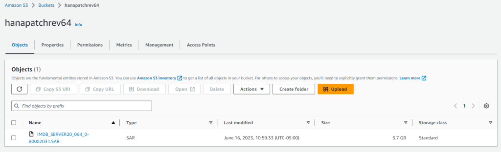 S3 bucket contains a single SAR file for the HANA patch software