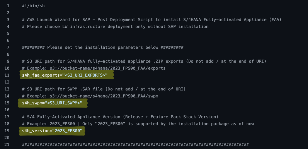 post_deploy_s4h_faa.sh file with to be adjusted variables highlighted