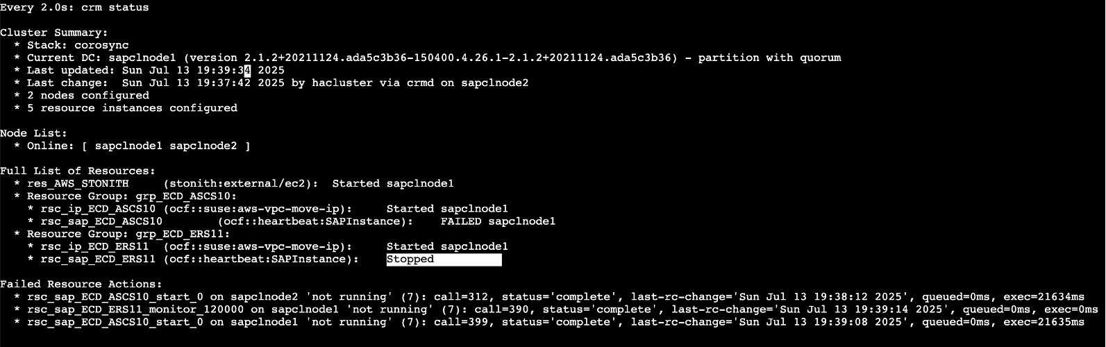 Figure 5. SAP Central Services (ASCS/ERS) error status