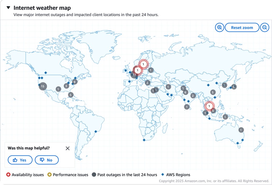 Figure 1: Internet Weather Map - This map displays major internet outages and their impact on client locations