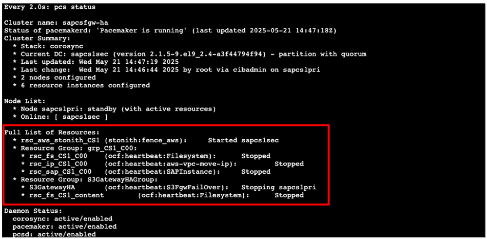 After disruption detected, cluster status is showing primary node being stopped