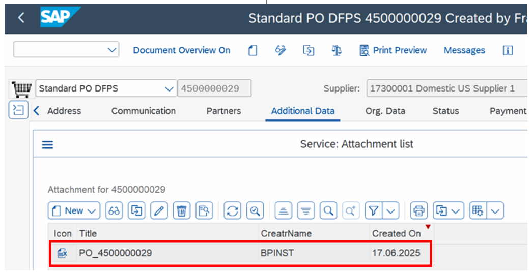 Viewing the PDF attachment in ME22N after the failover