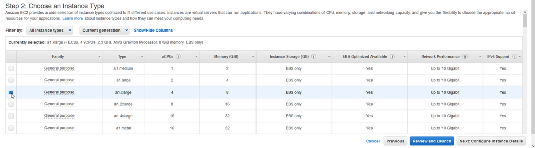 select an A1 instance type - an a1.xlarge that offers 4 x vCPU’s and 8GB of memory