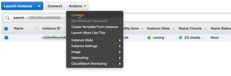 select “Connect” from the pop-up menu to get details and instructions on connecting to the instance