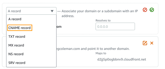 Screenshot showing CNAME record selected in the dropdown box