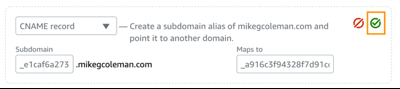 Screenshot showing the completed cname record and green checkbox highlighted