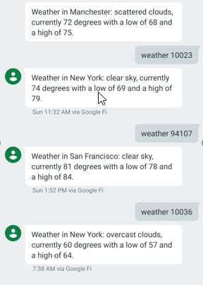 The SMS weatherbot responds to a request.