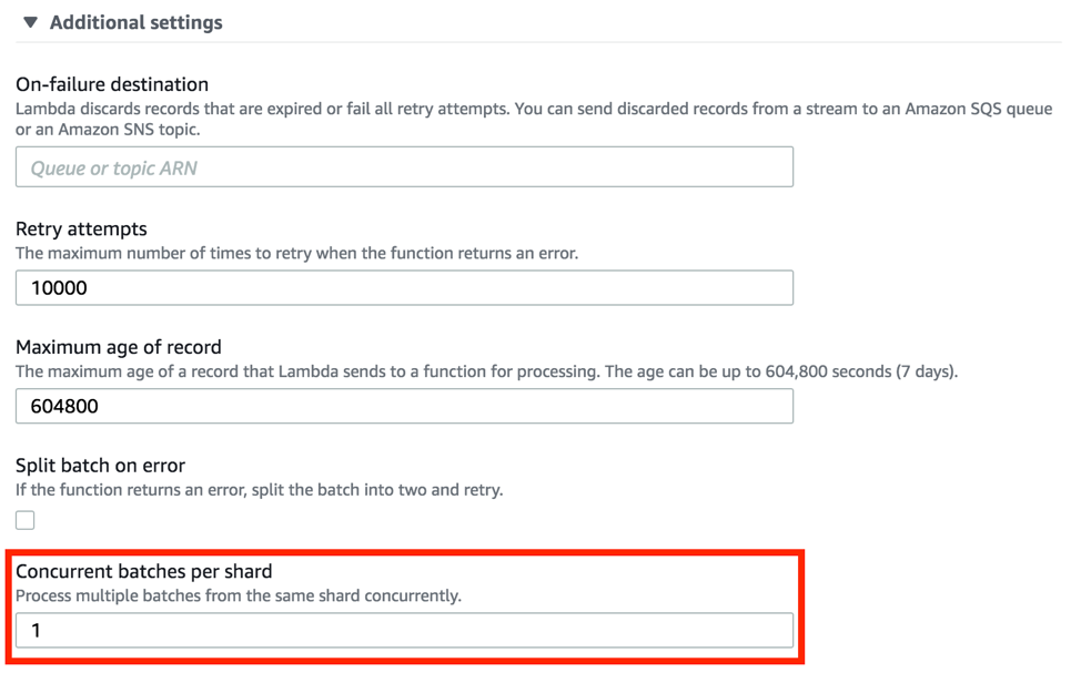 Configuring the Parallelization Factor from the AWS Lambda console.