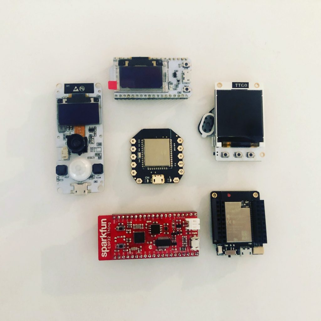 A collection of various ESP32 development boards.