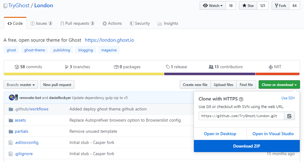 To download the London theme from Github, click on "Clone or download" and then click "Download ZIP". 