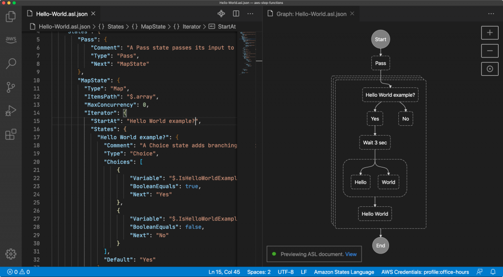 A Visual Studio Code window displaying two tabs, an updated state machine definition and the automatically-updated preview of the same state machine