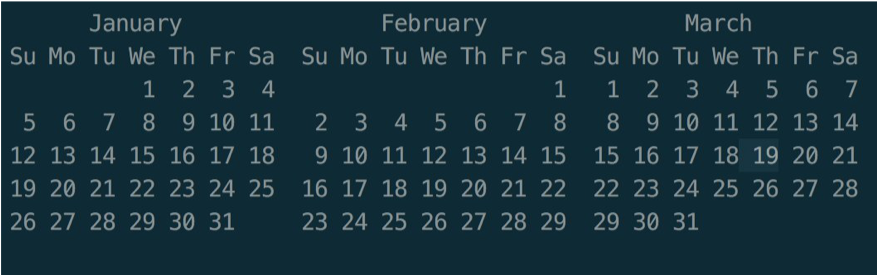 A calendar of the January, February, and March.