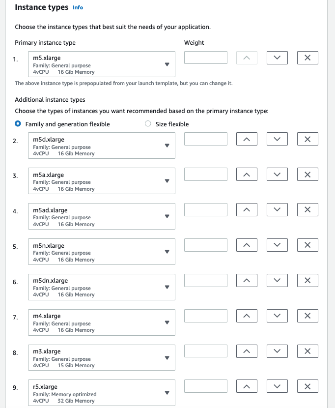 Selection of instance types