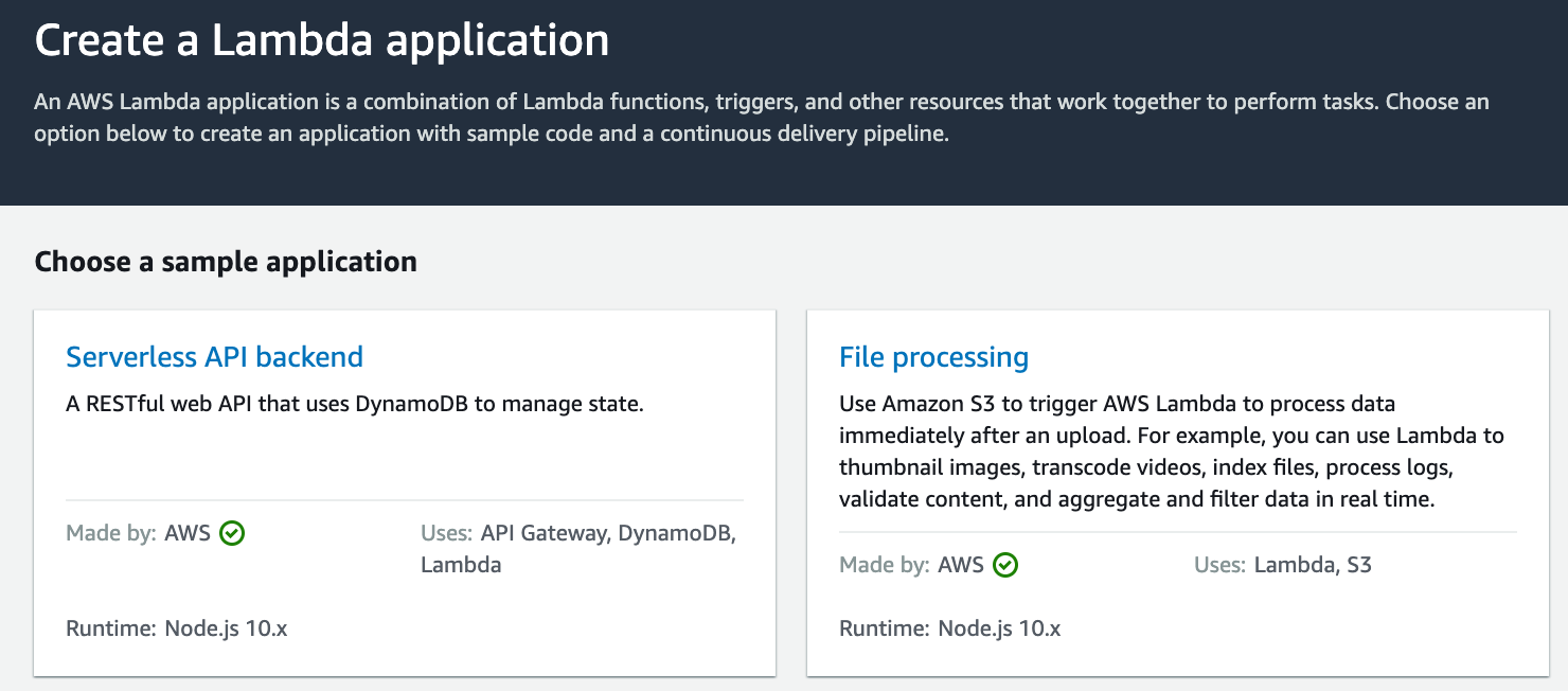 Lambda application creation screen showing list of examples