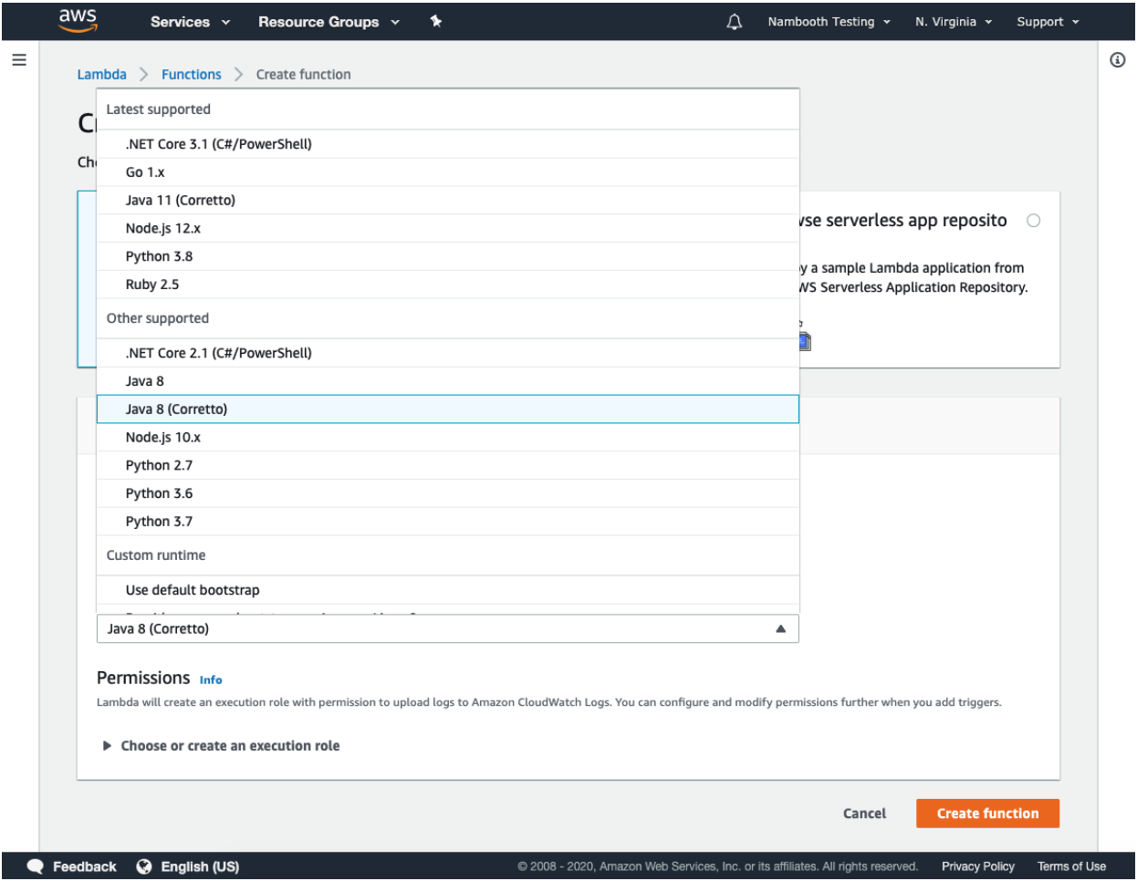 Console: choosing the Java 8 (Corretto) runtime