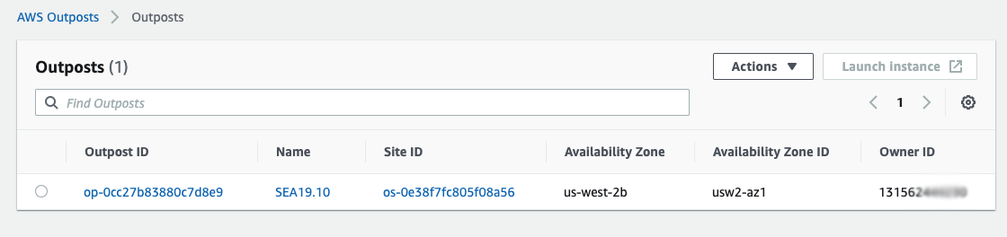 From the AWS Management Console in the consumer account, I can see the shared Outposts ID, its associated Availability Zone, and the owner account ID.