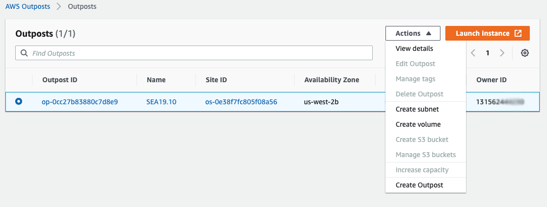 Once the Outposts ID is selected, I can use the Actions drop down menu to create Outposts subnets and EBS volumes. I can also select Launch instance to provision instances on the Outpost.