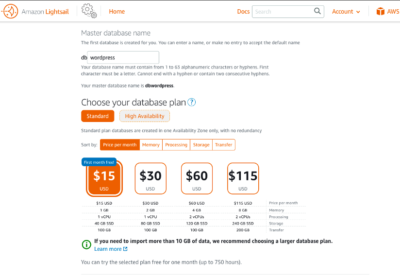 pricing for database 