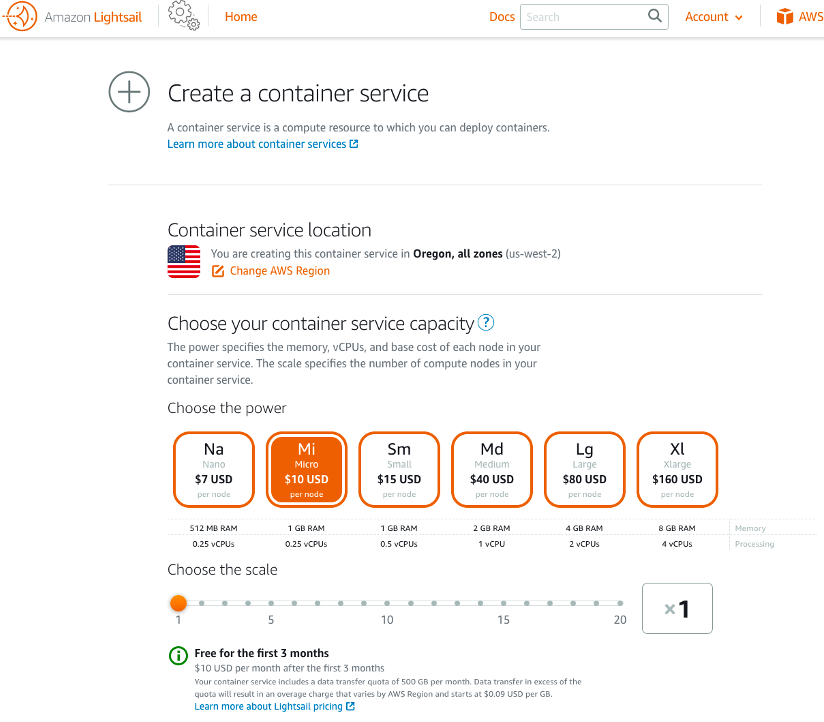 create a container service, micro 