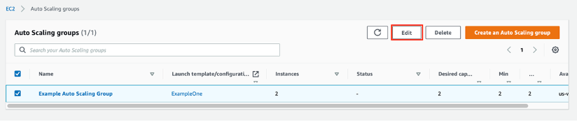 . Navigate to the Auto Scaling group console, select your Auto Scaling group, and click on the Edit button.