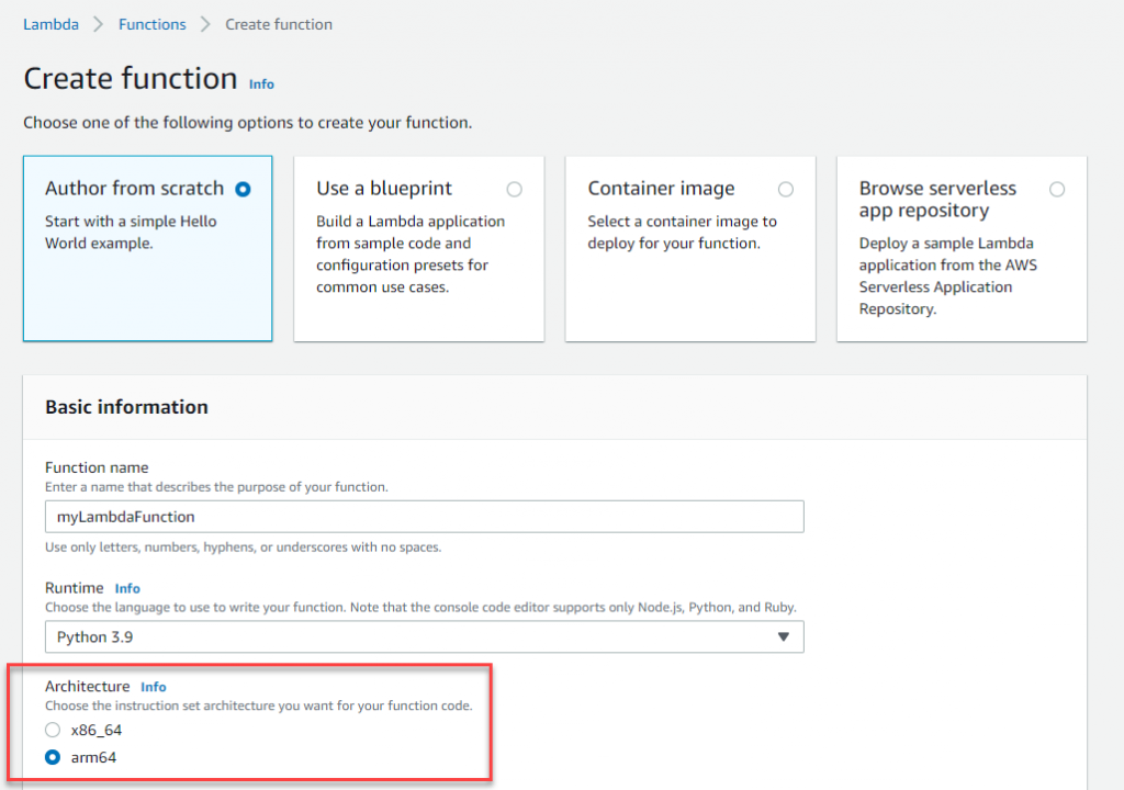 Create Lambda function with new arm64 option