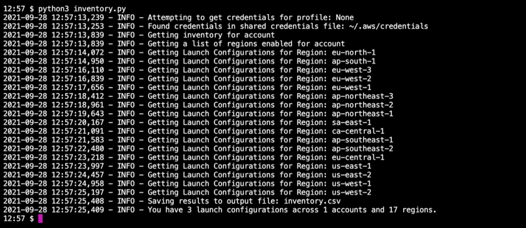 Screenshot of Launch Configuration Inventory script