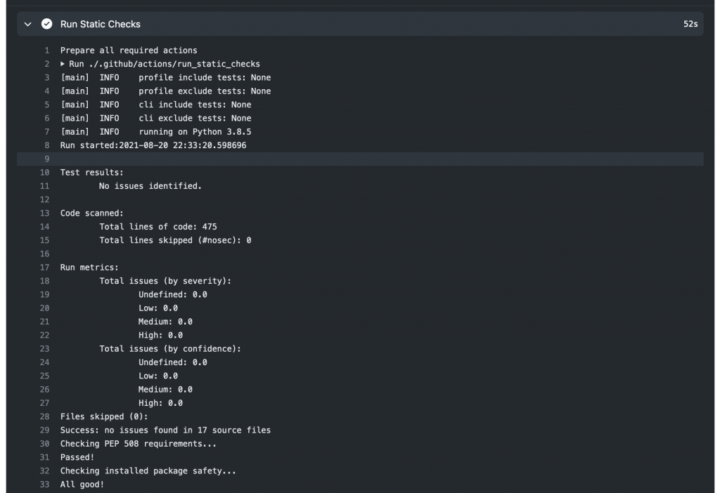 Successful run of a custom action checking for required system dependencies.