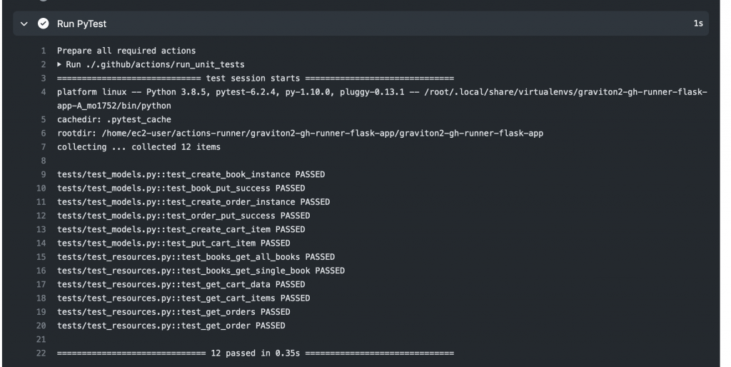 Successful run of a custom action running unit tests with PyTest.