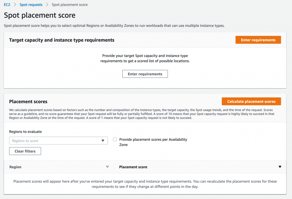 Spot placement score screen in AWS Management Console.