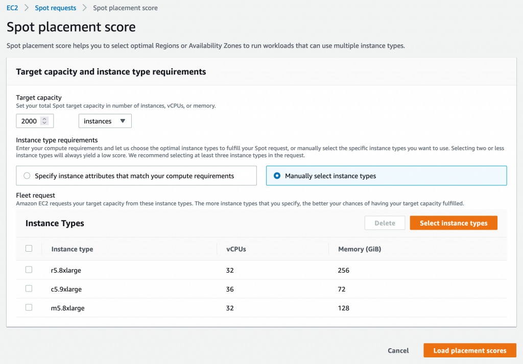 Spot placement score screen in AWS Management Console with selected target capacity at 2000 instances and selected r5.8xlarge, c5.9xlarge, and m5.8xlarge instance types..