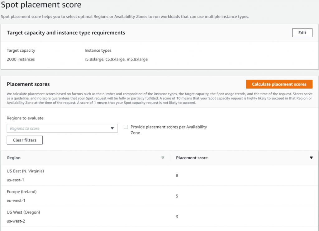 Spot placement score screen in AWS Management Console with displayed scores on Region level scores.