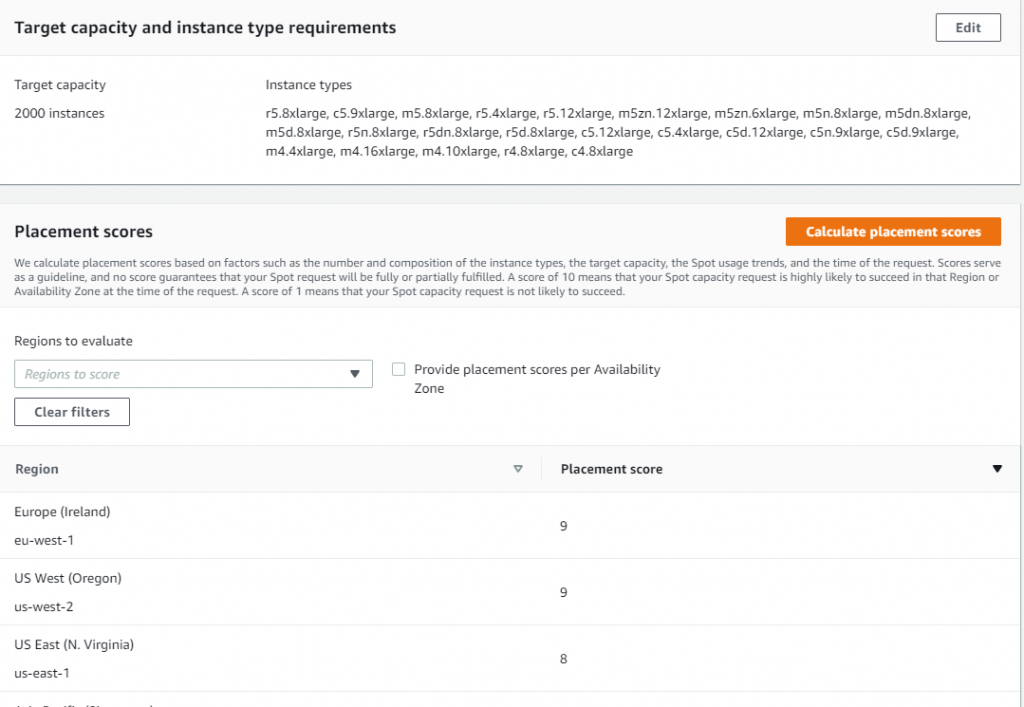 Spot placement score screen in AWS Management Console with selected target capacity at 2000 instances and selected r5.8xlarge, c5.9xlarge, m5.8xlarge, r5.4xlarge, r5.12xlarge, m5zn.12xlarge, m5zn.6xlarge, m5n.8xlarge, m5dn.8xlarge, m5d.8xlarge, r5n.8xlarge, r5dn.8xlarge, r5d.8xlarge, c5.12xlarge, c5.4xlarge, c5d.12xlarge, c5n.9xlarge. c5d.9xlarge, m4.4xlarge, m4.16xlarge, m4.10xlarge, r4.8xlarge, c4.8xlarge instance types.