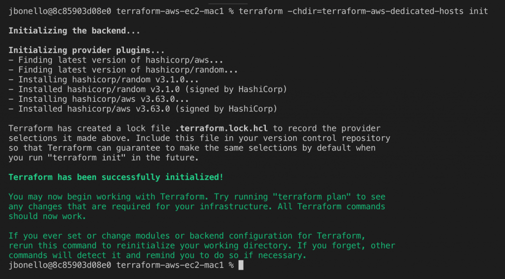 Initializing Terraform host and showing an example of expected output.