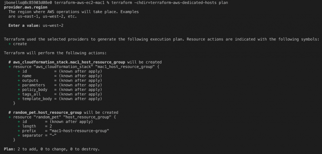 Planning Terraform template and showing an example of expected output.