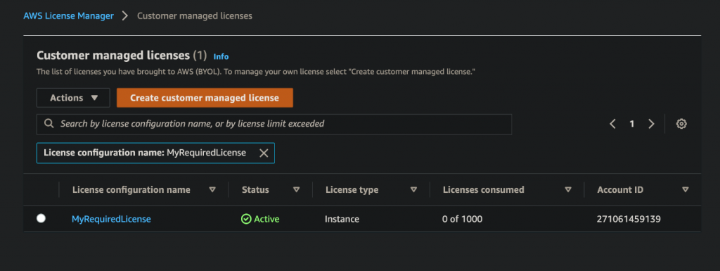 Example of License Manager License after Terraform Template is applied.