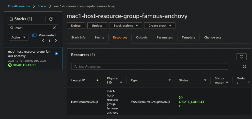 Example of Cloudformation Stack that is created, with License Manager Host Resource Group name pictured.