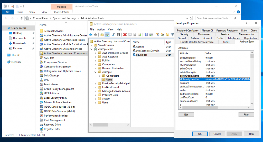 Screenshot from the Windows Management instance depicting the creation of the Active Directory user. A detailed description of this process is contained in the blog text.