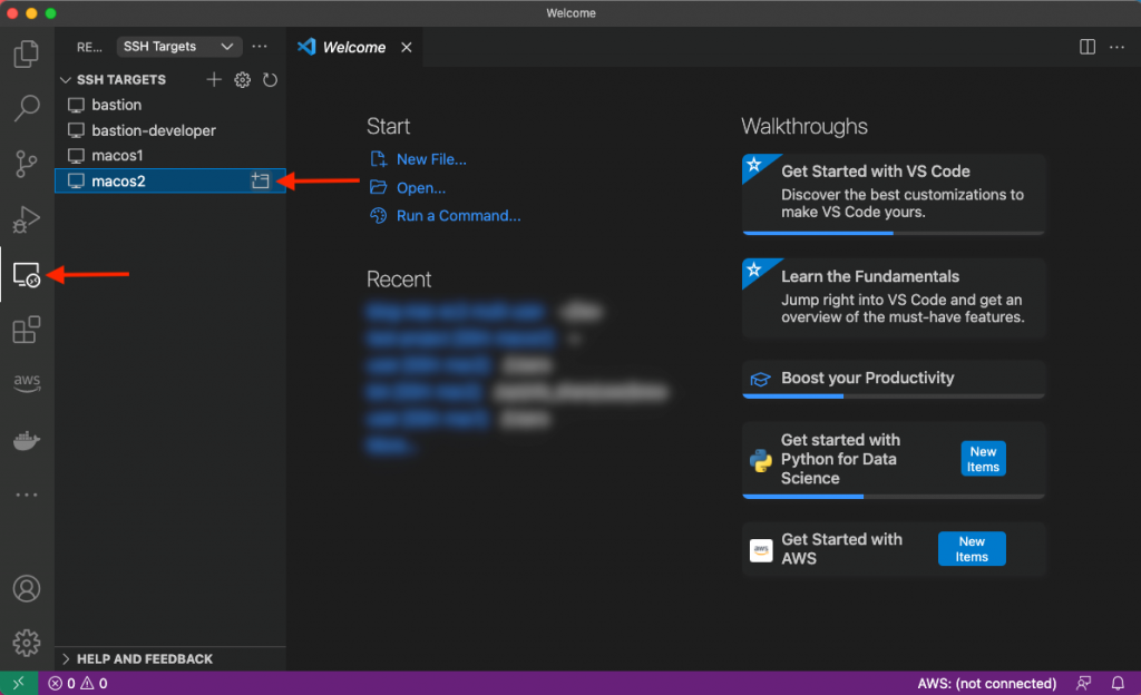 Screenshot depicting how to connect to the macos2 instance using the VSCode Remote SSH extension.