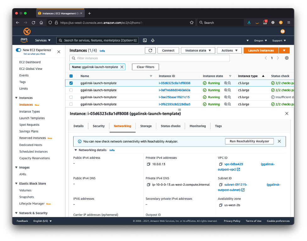 EC2 running instances, AWS console, network view, filtered by tag