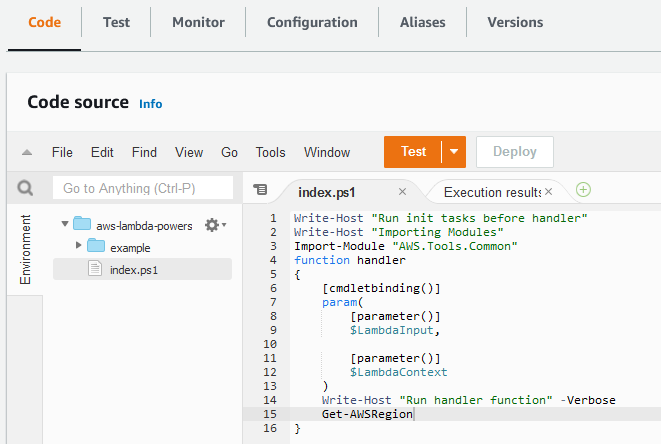 PowerShell code in Lambda console