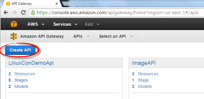 API Gateway API Creation Button