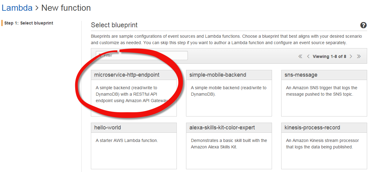 AWS Lambda Console Blueprints