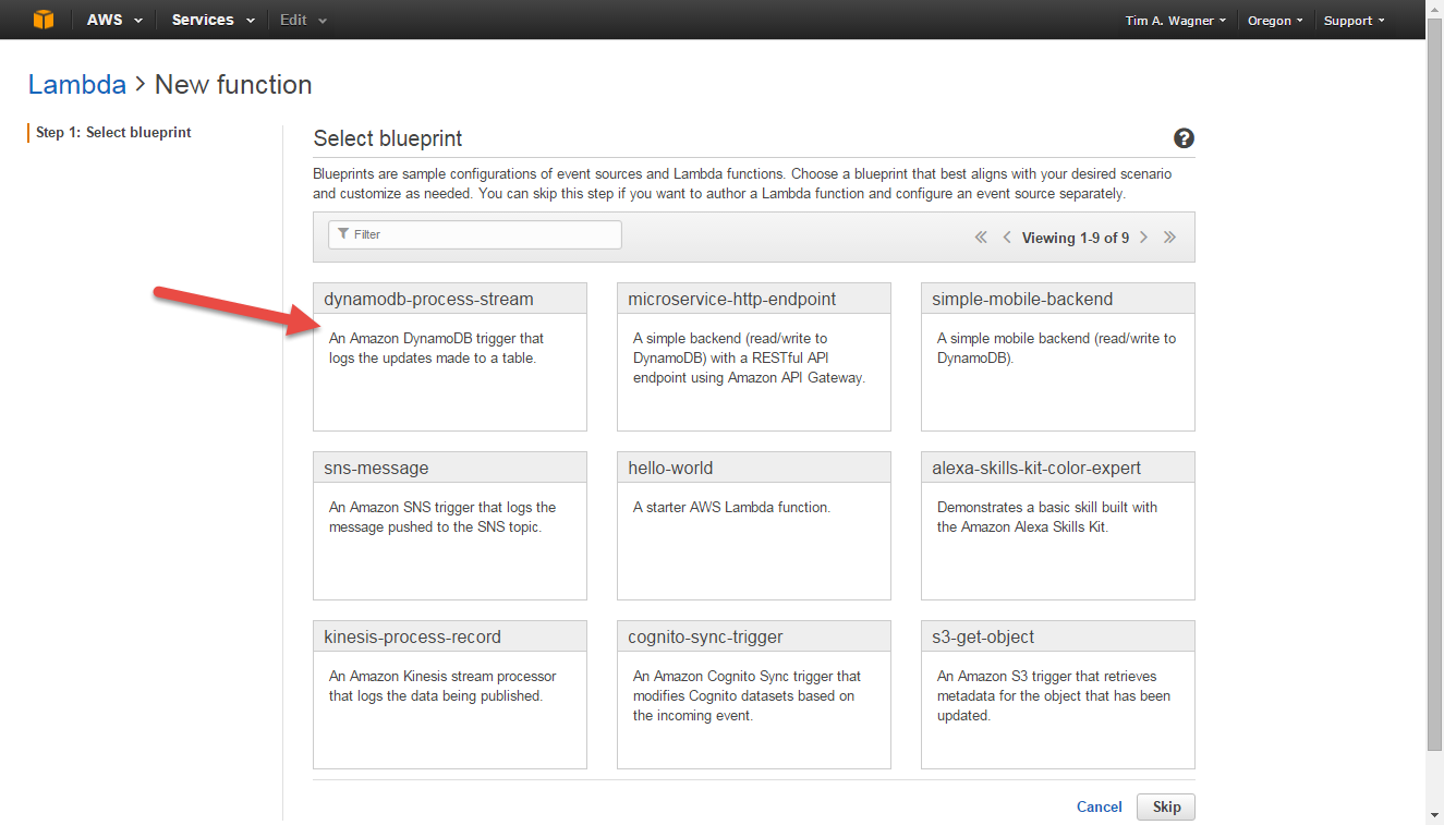 AWS Lambda Function Setup: Choosing the NoSQL Trigger Blueprint