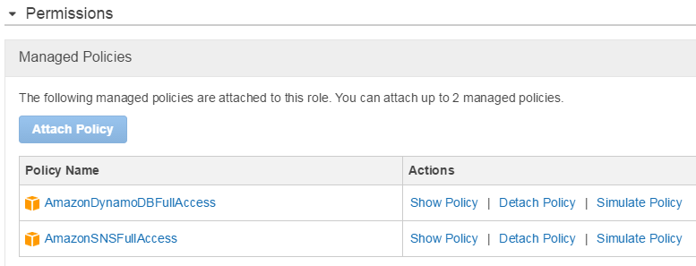 AWS Lambda Function Setup: Adding Managed Policies for SNS and DynamoDB