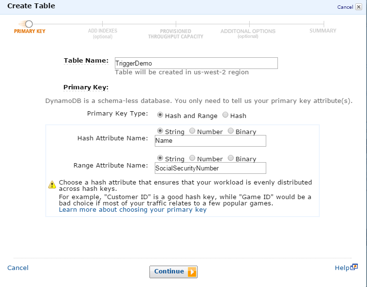 Amazon DynamoDB Setup: Primary Key Configuration