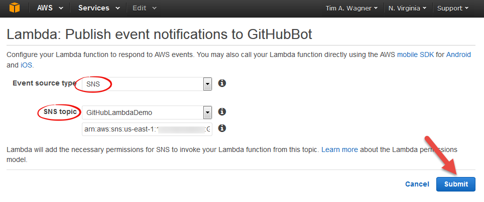 Completing the SNS GitHub Topic Event Source Wire-up