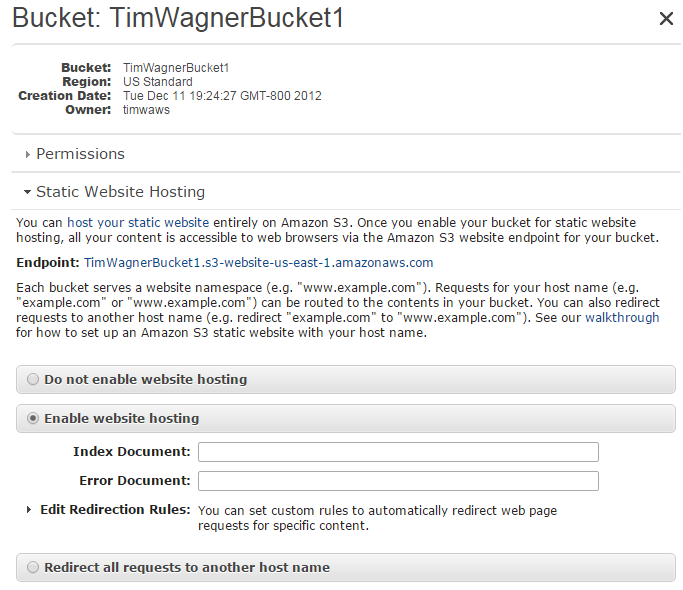 Amazon S3 static website hosting configuration