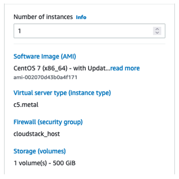 EC2 instance summary info showing 1 instance, CentOS 7 (x86_64) AMI, c5.metal instance type, a security group name, and a 500 GiB volume