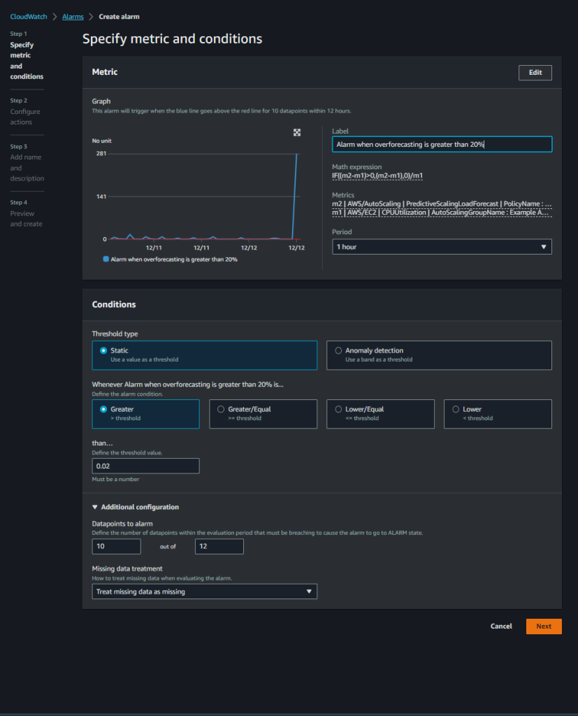 This figure shows creation of alarm when 10 out of 12 data points breach 0.02 threshold for the accuracy metric