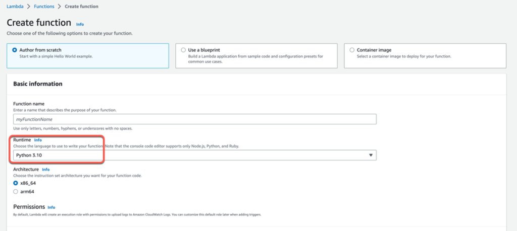 Lambda create function page